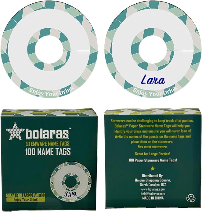 Bolaras Stemware Drink Name Tags for Wine Glasses - Enjoy Your Drink! - (100 Tags)