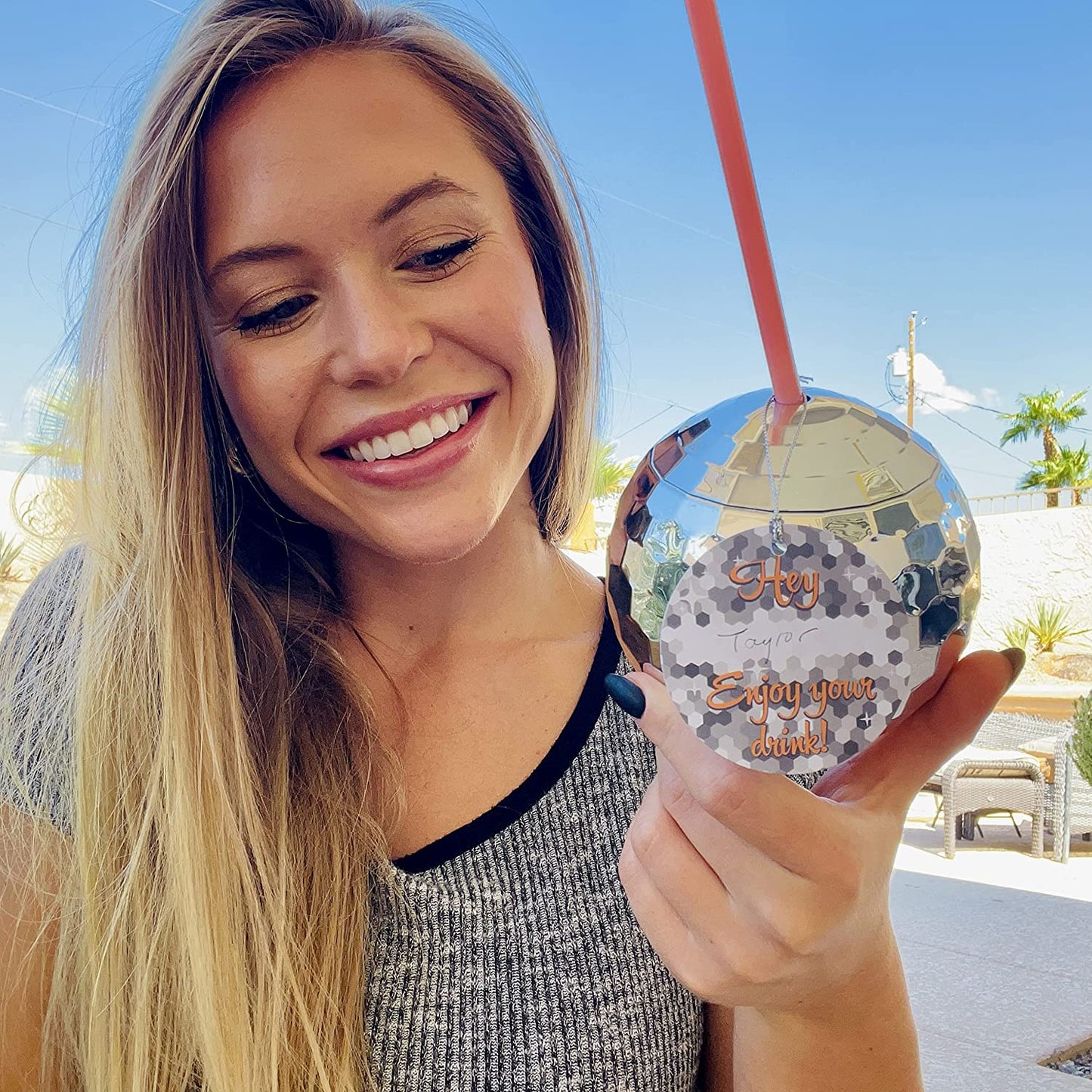 Bolaras Silver Disco Ball Cup with Name Tag