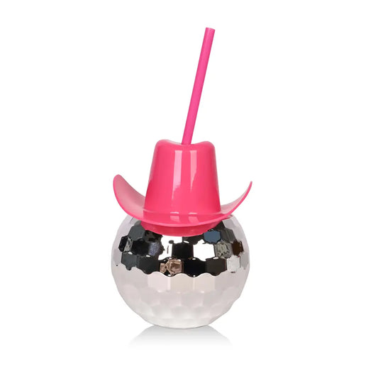 Bolaras Disco Ball Cup with Pink Cowgirl Hat Lid and Pink Straw - Silver - 20 oz