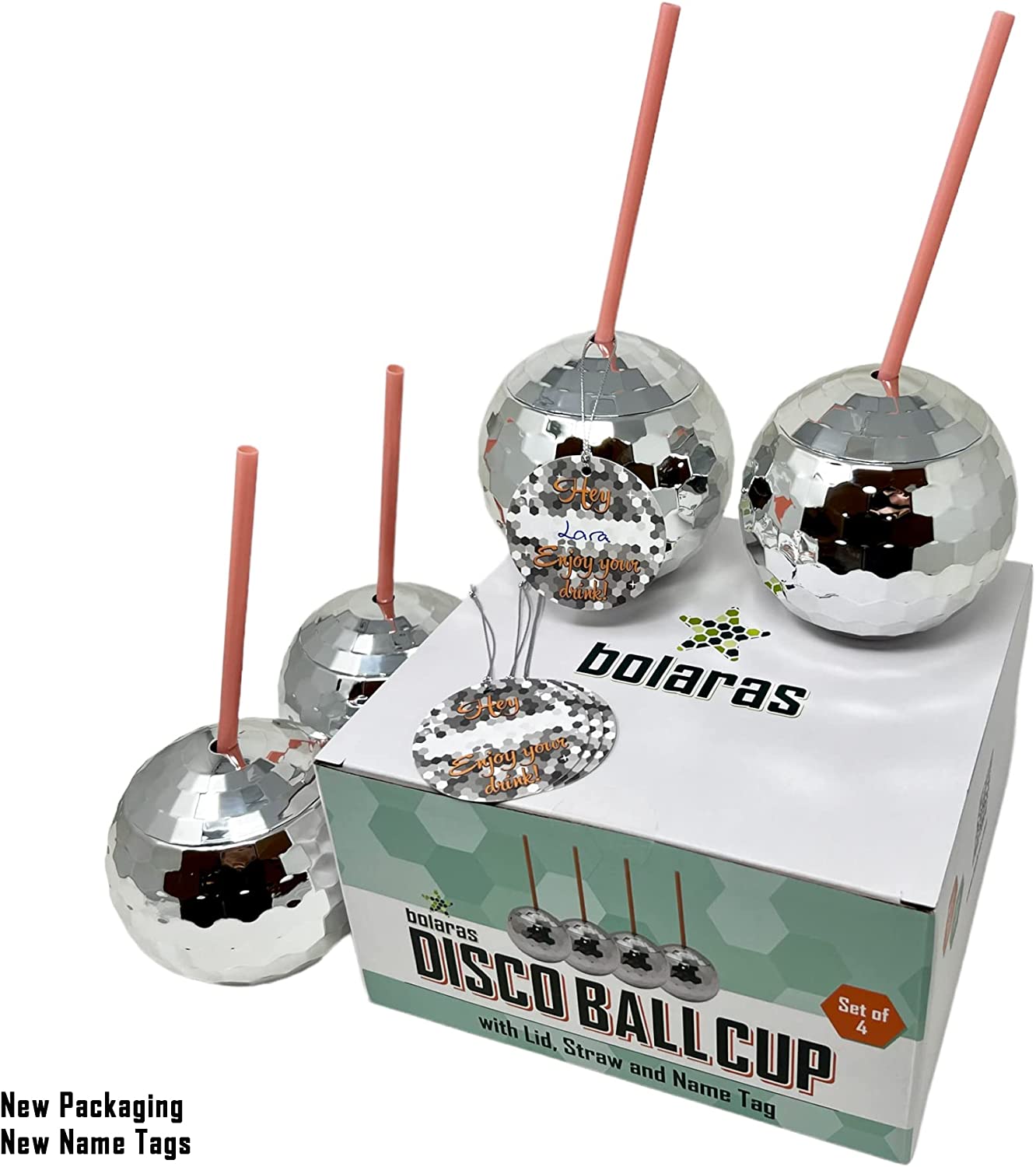 Bolaras Silver Disco Ball Cup with Name Tag (Set of 4)