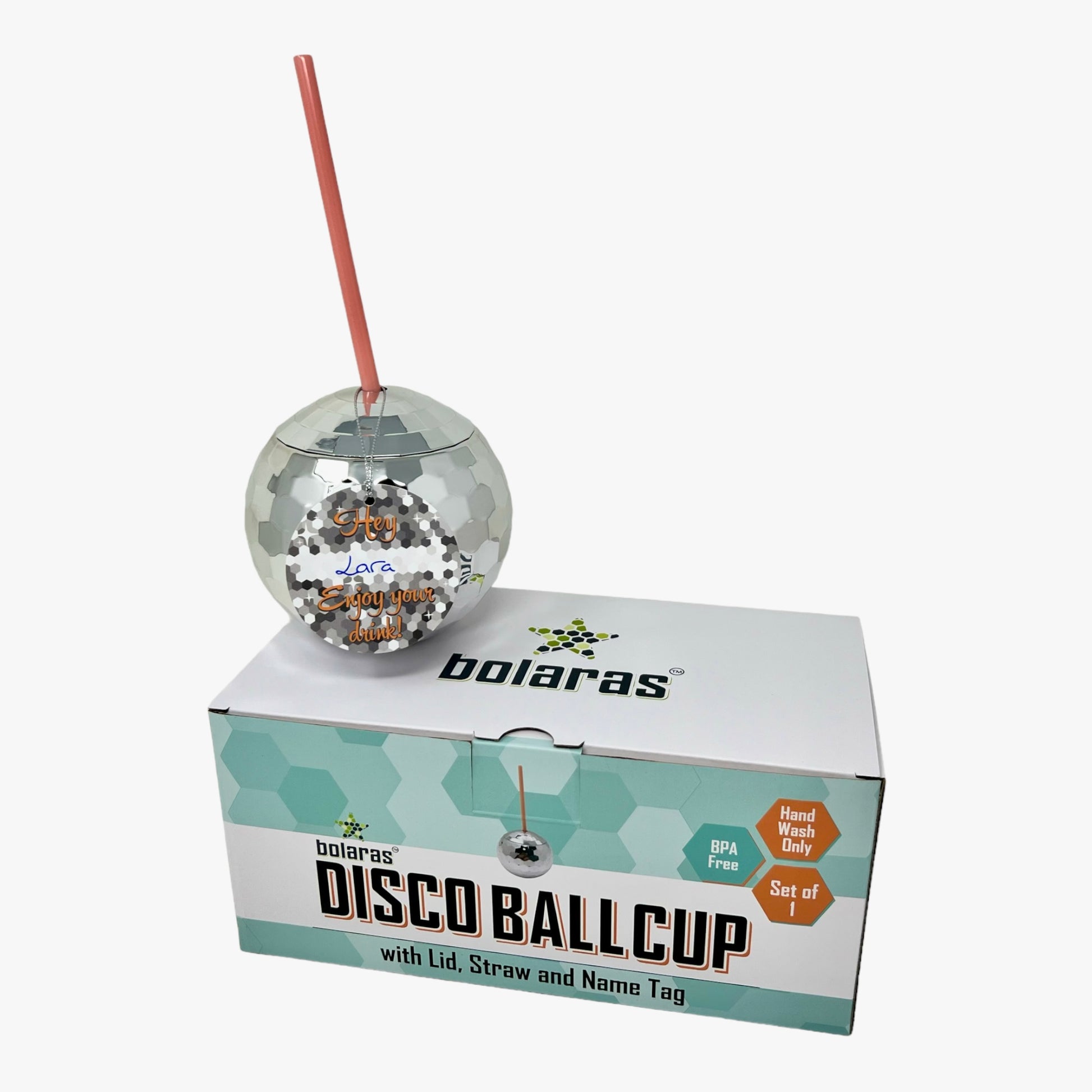 Bolaras Silver Disco Ball Cup with Lid, Straw and a Name Tag